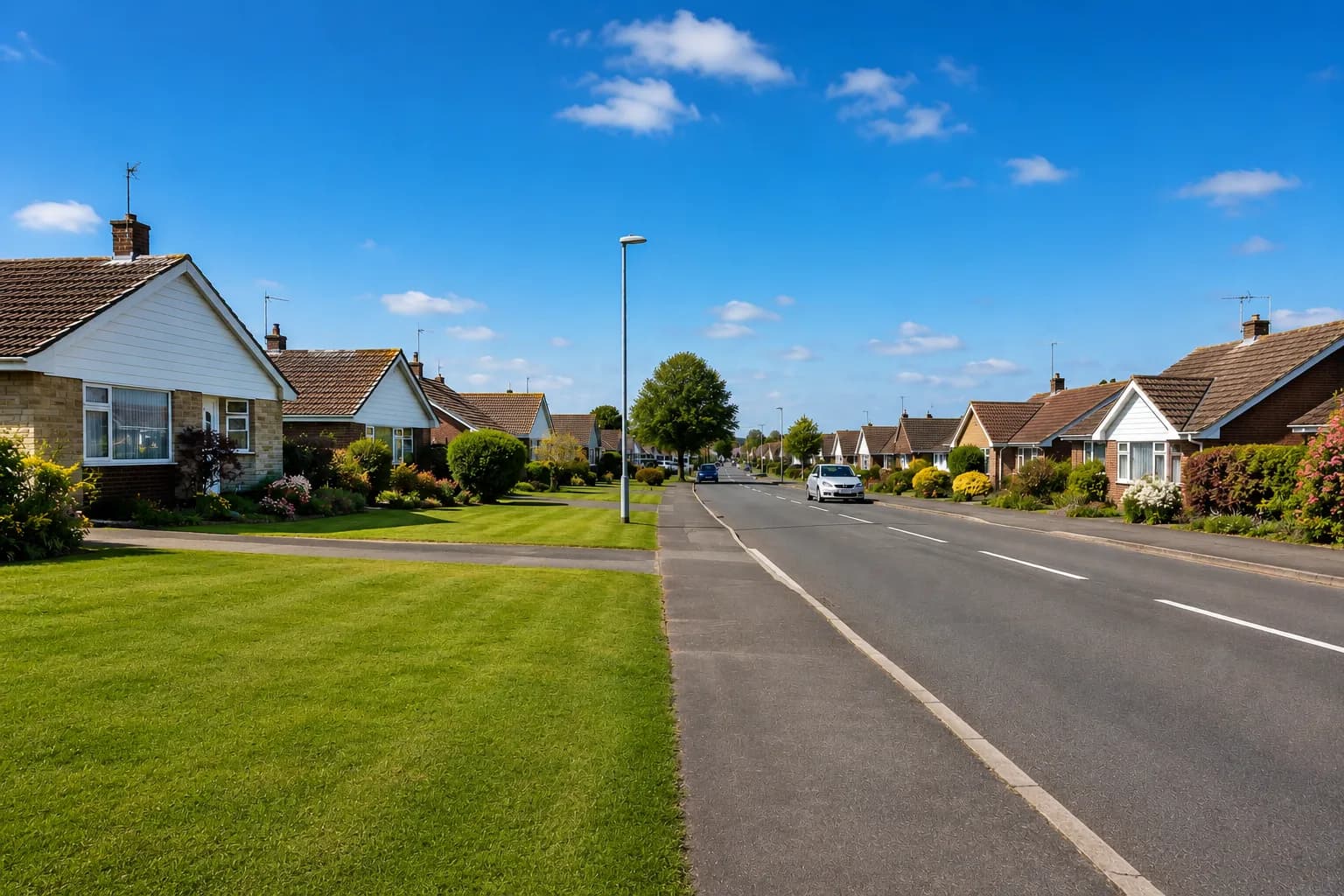 A quiet residential avenue in Durrington, bungalows set back behind front lawns
