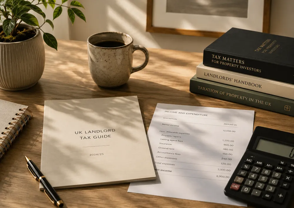 Calculator, paperwork and a coffee on a desk